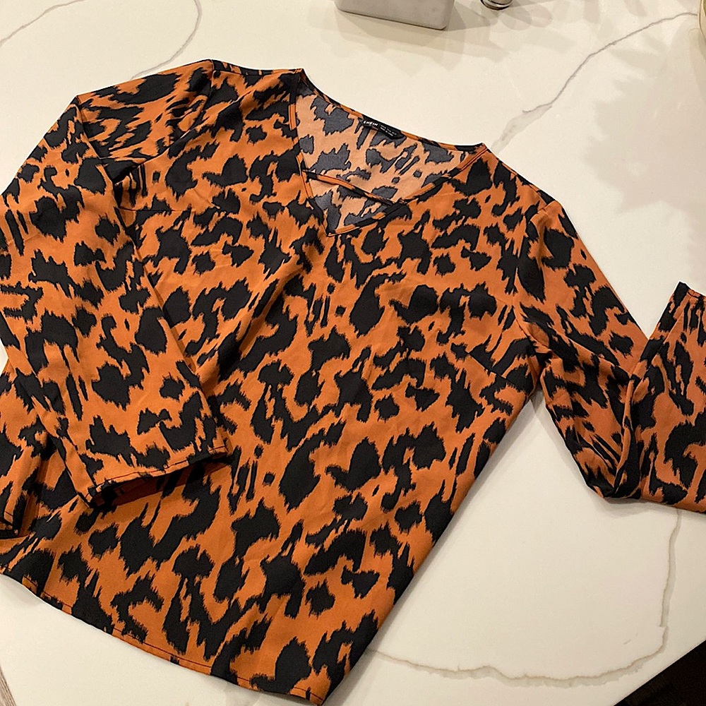 SHEIN Orange & black cheetah blouse long sleeve top